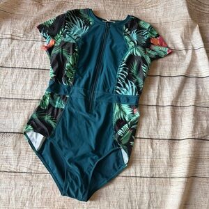 Grace Karin Short Sleeve Rash Guard Swim Suit Blue Floral Print NWT Size Large